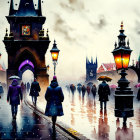 Vibrant painting of people walking on a rainy day on historic bridge