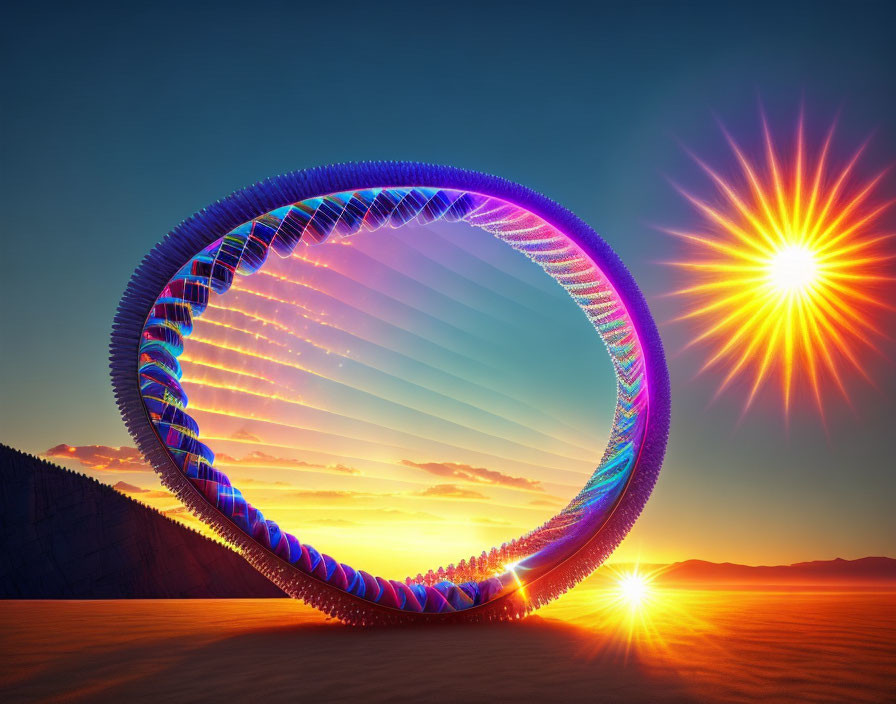 Surreal image of giant luminous ring above desert with dual suns