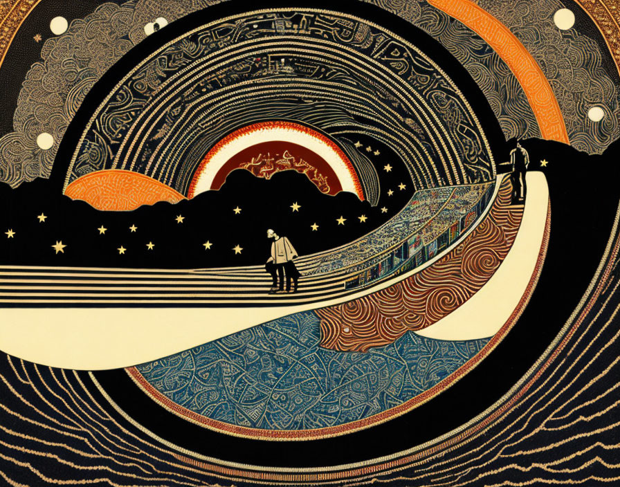 Person on Bridge Under Stylized Cosmic Sky with Celestial Bodies