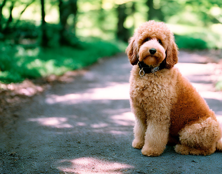 Fluffy apricot-colored doodle dog on sun-dappled path surrounded by greenery