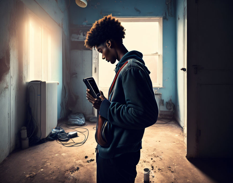 Person in dilapidated room with smartphone, sunlight contrast