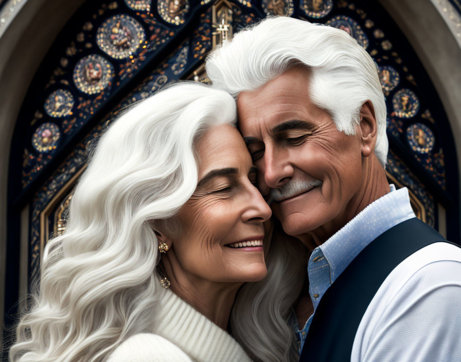 Elderly couple embracing in front of stained-glass window