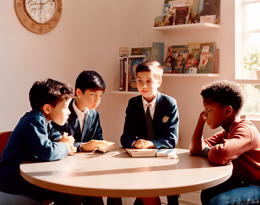 Four boys in school uniforms at round table with books, one making eye contact, in well-lit