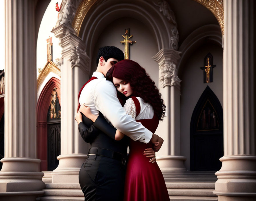 Animated couple embraces in gothic cathedral setting