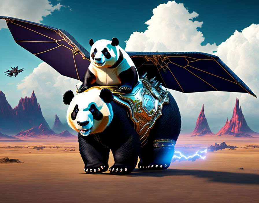 Cybernetic Panda with Wings in Desert Landscape with Red Spires and Dragon-like Creature