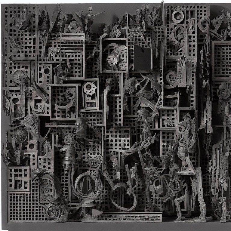 Monochromatic Abstract Relief Sculpture with Geometric and Organic Shapes