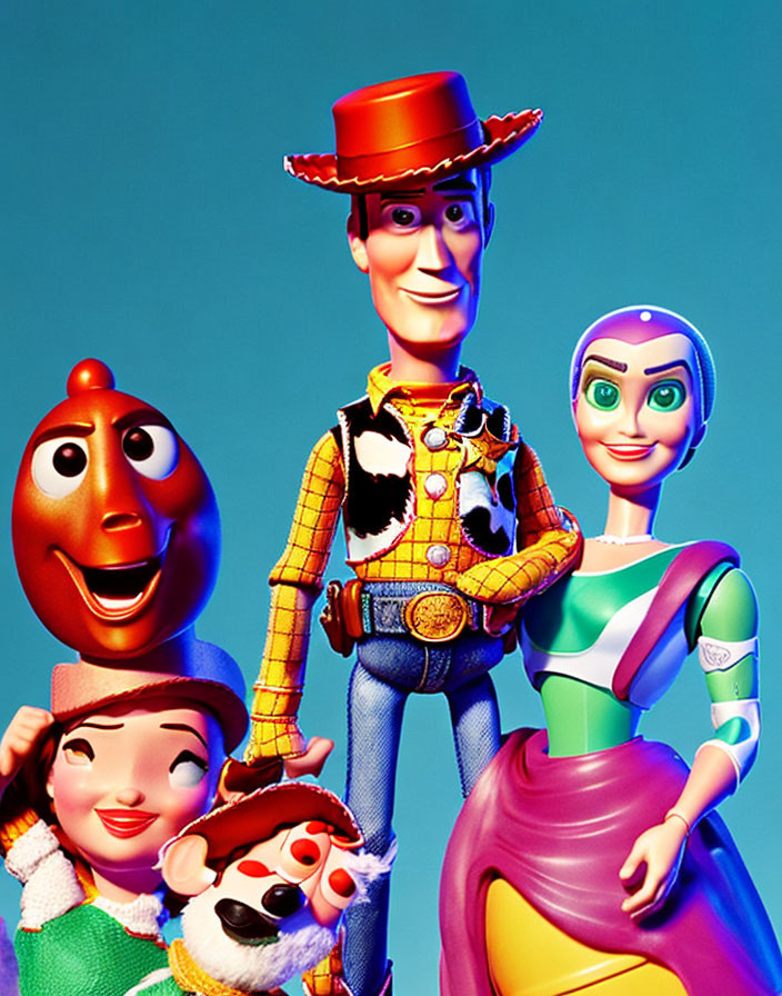 Various animated characters on blue background: cowboy, space ranger, cowgirl, piggy bank, toy