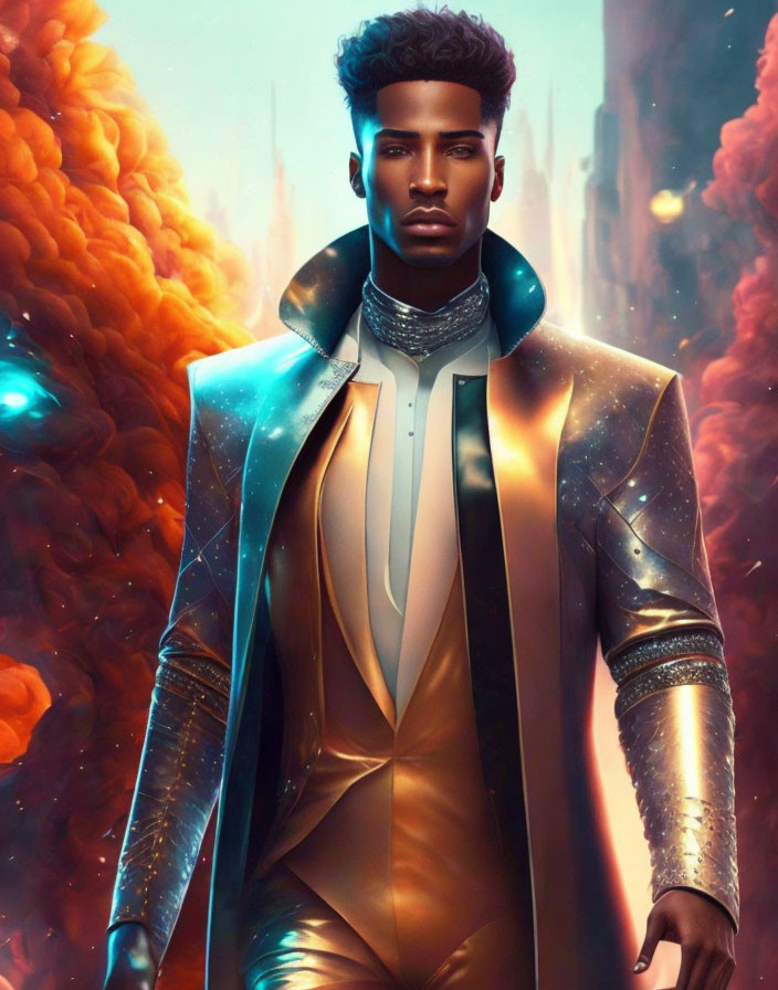 Stylish man in futuristic attire with vibrant orange cityscape.