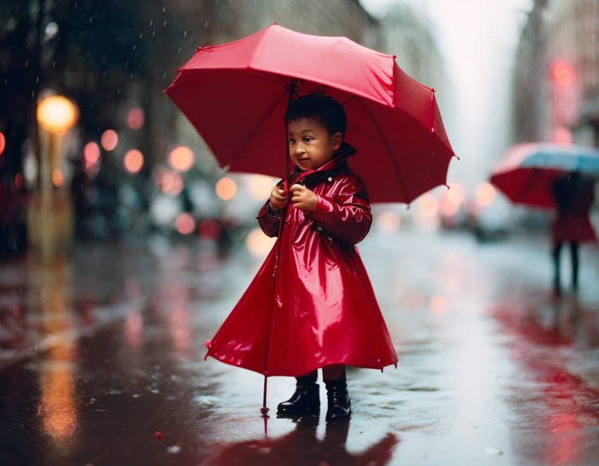 Child in red raincoat with umbrella on rainy city street