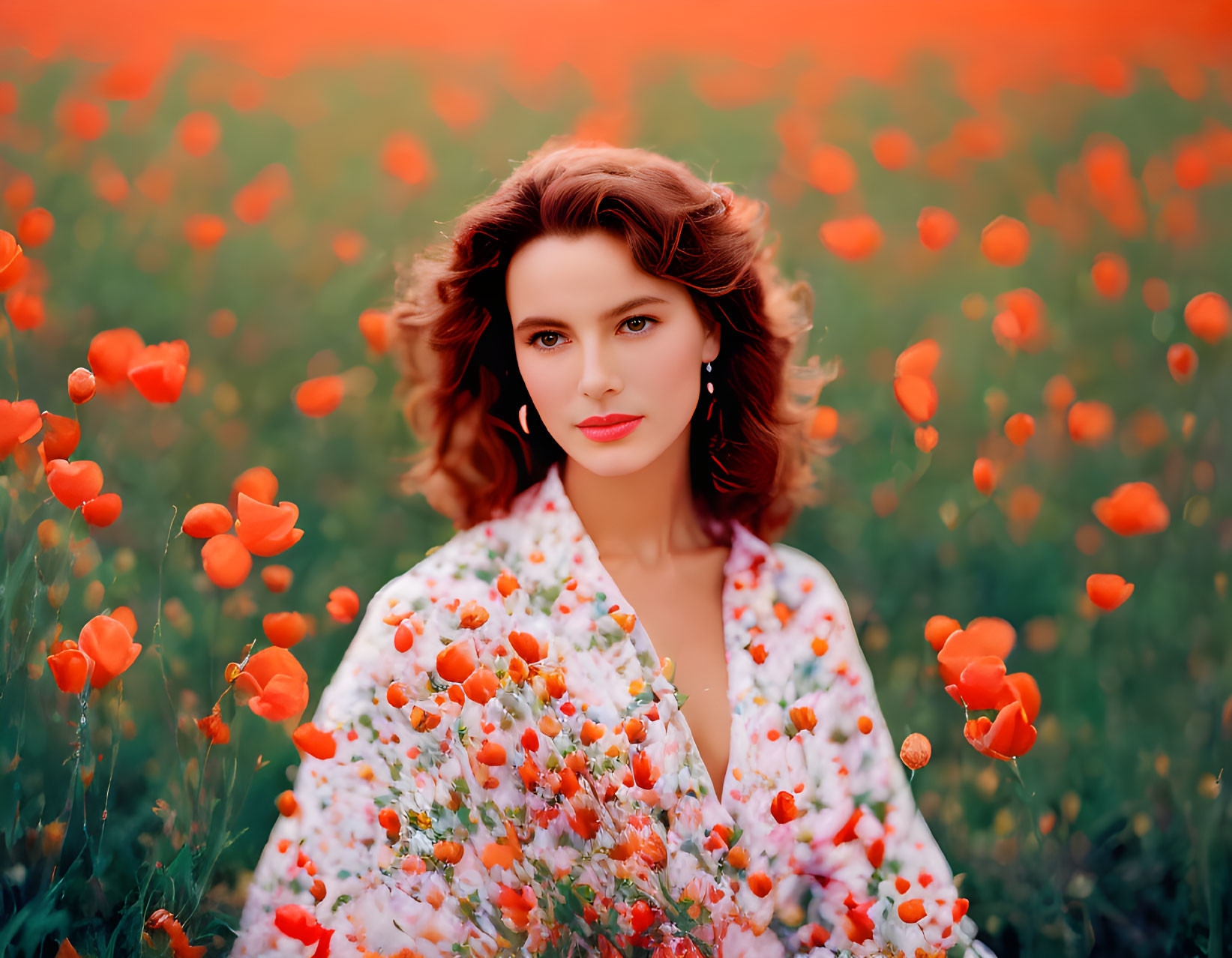 Curly-haired woman in floral dress among red poppies in lush field