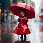 Child in red raincoat with umbrella on rainy city street