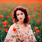 Curly-haired woman in floral dress among red poppies in lush field