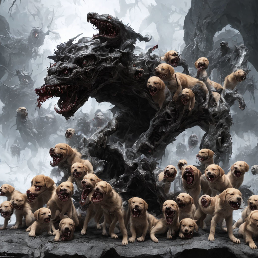 Black beast merges with golden retriever puppies in misty setting