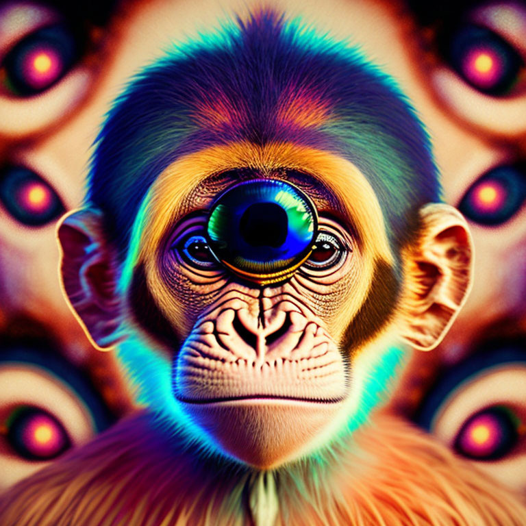 Colorful Monkey Illustration with Oversized Eye and Repeating Eyes Background