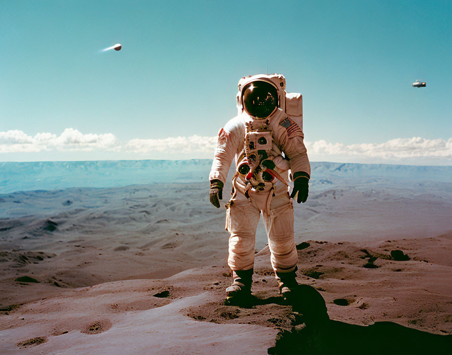 Astronaut in white suit on rocky terrain with blue sky and flying objects