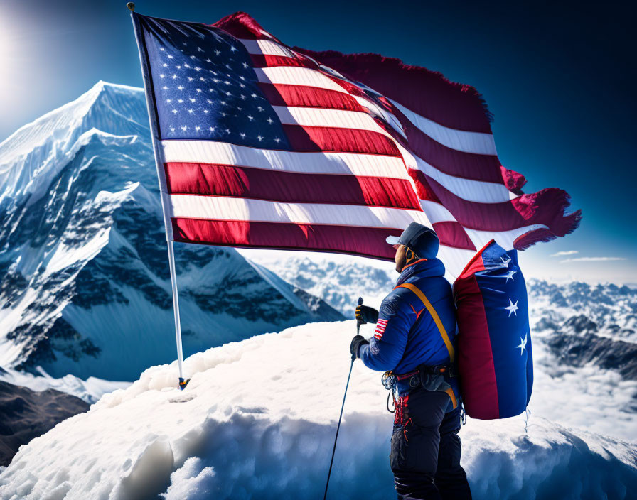 Climber in gear on snowy peak with American flag, blue skies & mountains