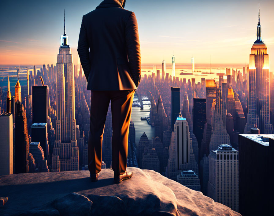 Person in suit gazes over cityscape at sunrise or sunset