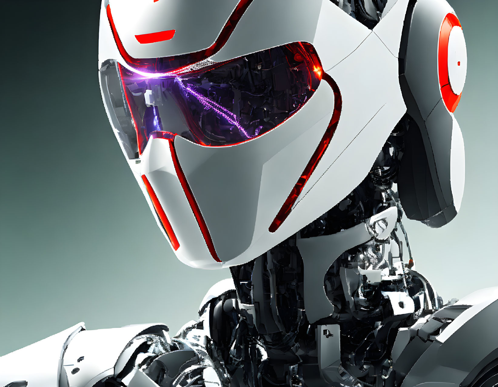 Detailed Close-up of Sleek White and Red Futuristic Robot with Glowing Purple Eyes