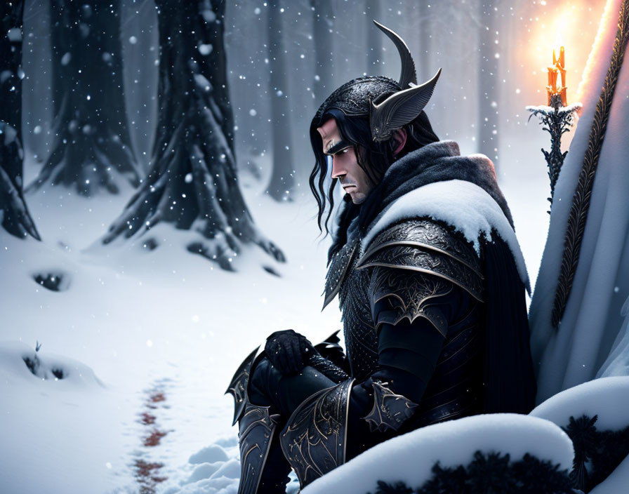 Dark-haired elf in ornate armor sitting in snowy forest with torch and falling snowflakes.