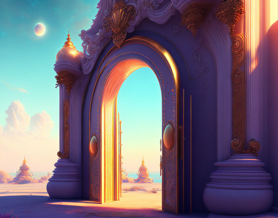 Ornate Open Doorway Revealing Dreamlike Twilight Landscape