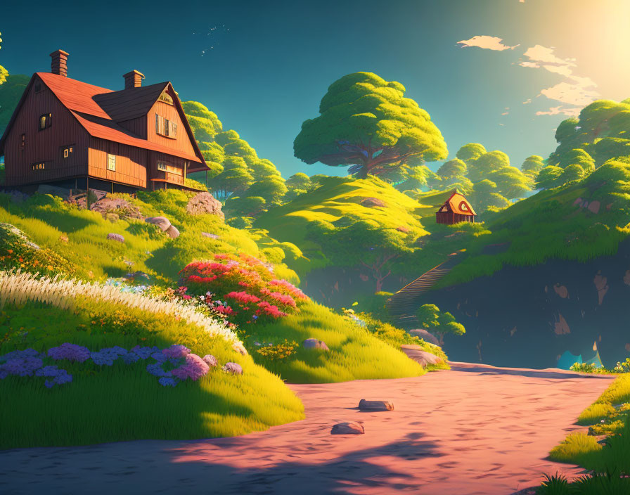 Colorful 3D fantasy landscape with wooden house surrounded by lush greenery