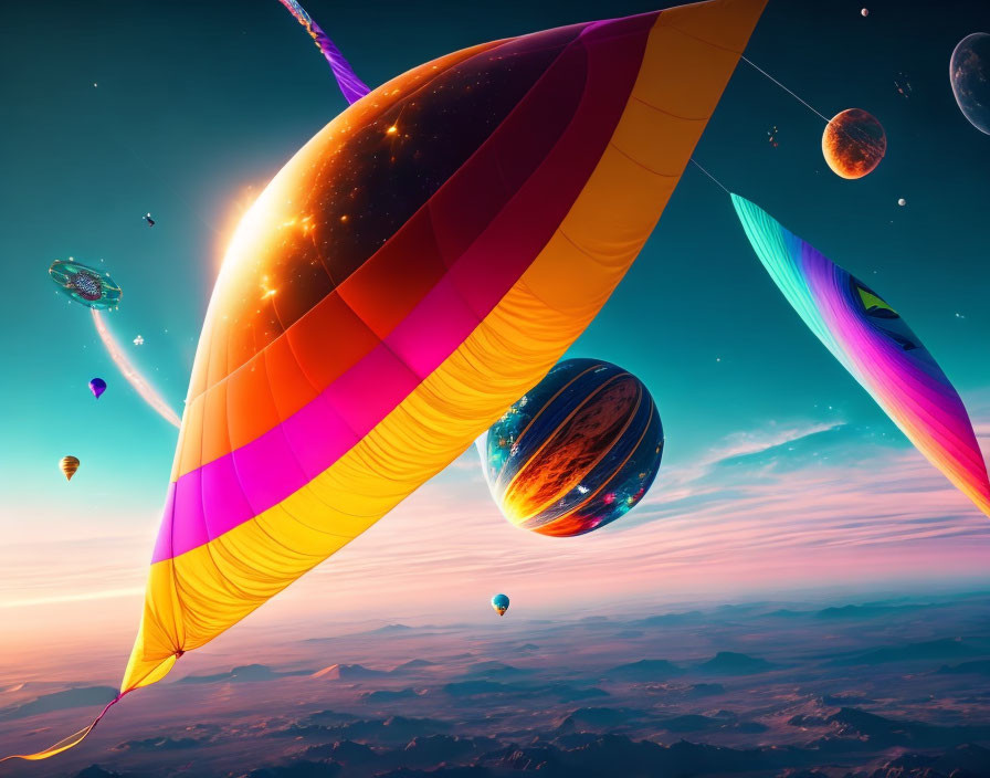 Vibrant hot air balloons float in fantastical sky with planets above surreal landscape