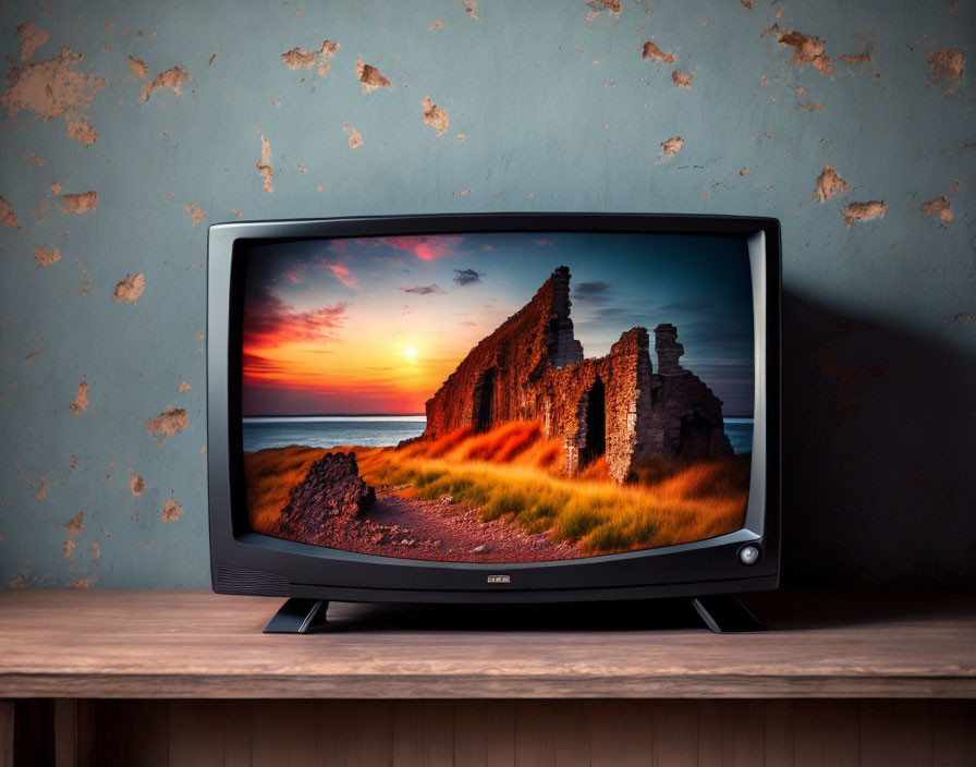 Vintage CRT TV showing sunset behind ruins on wooden table against blue wall