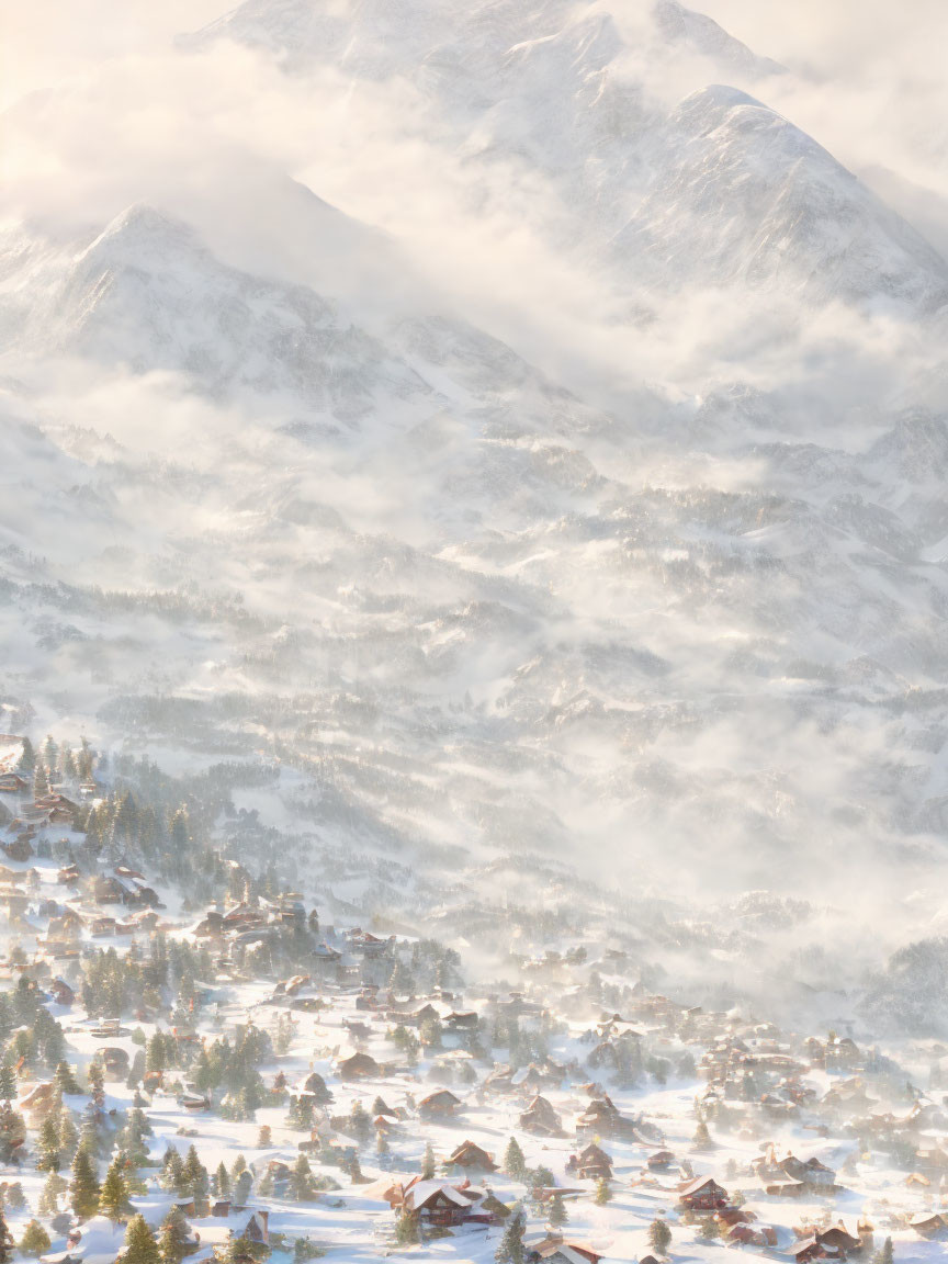 Snow-covered mountain village in foggy forested slopes under soft light