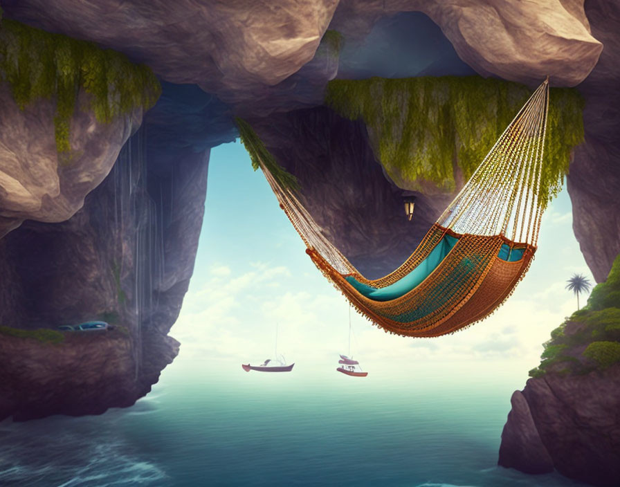 Hammock suspended between cliffs overlooking cove, sailboats, and waterfall under bright sky