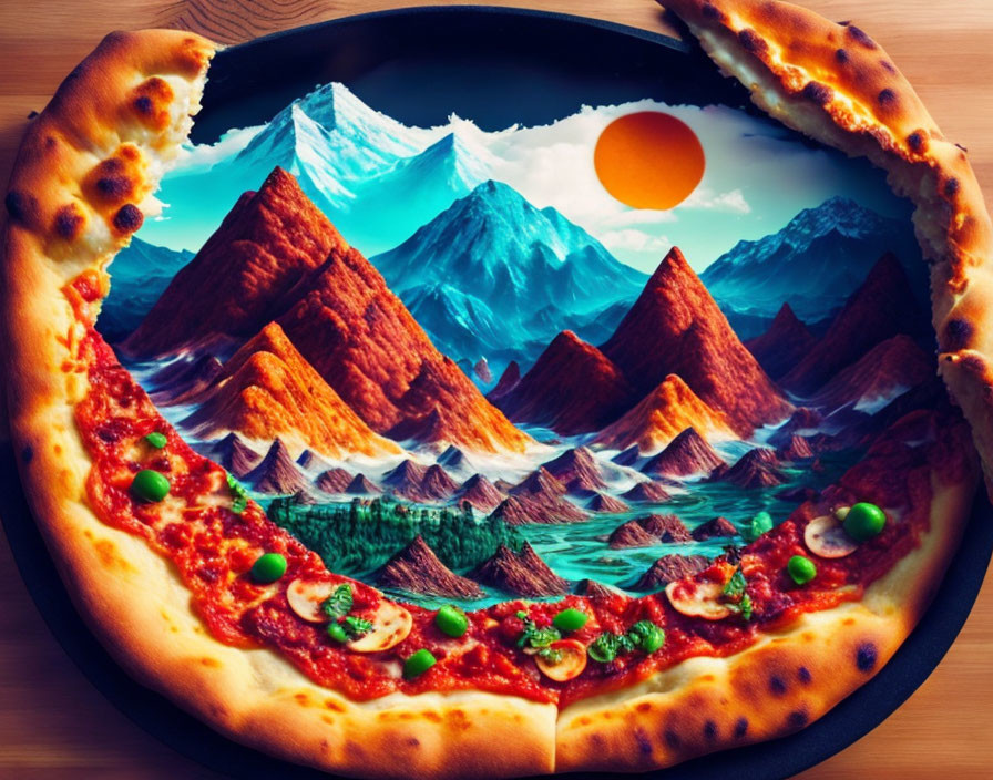 Pizza-themed landscape with mountains, lakes, and sunrise