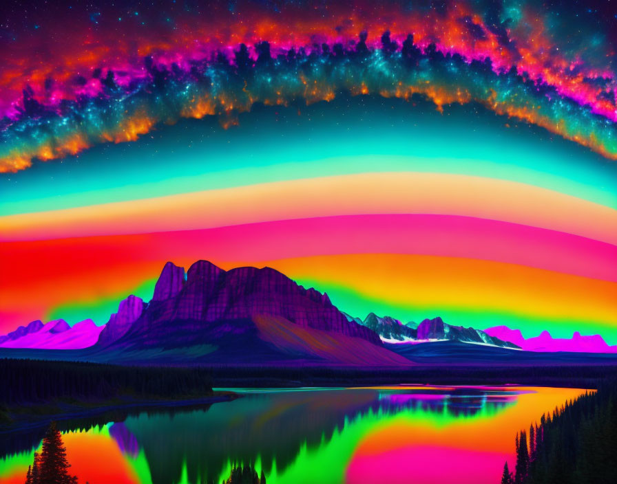 Digitally altered landscape with colorful sky and mountain range