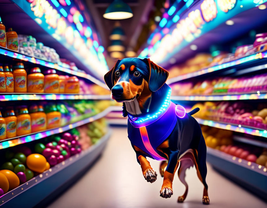 Digitally altered dachshund with neon accents in grocery store aisle