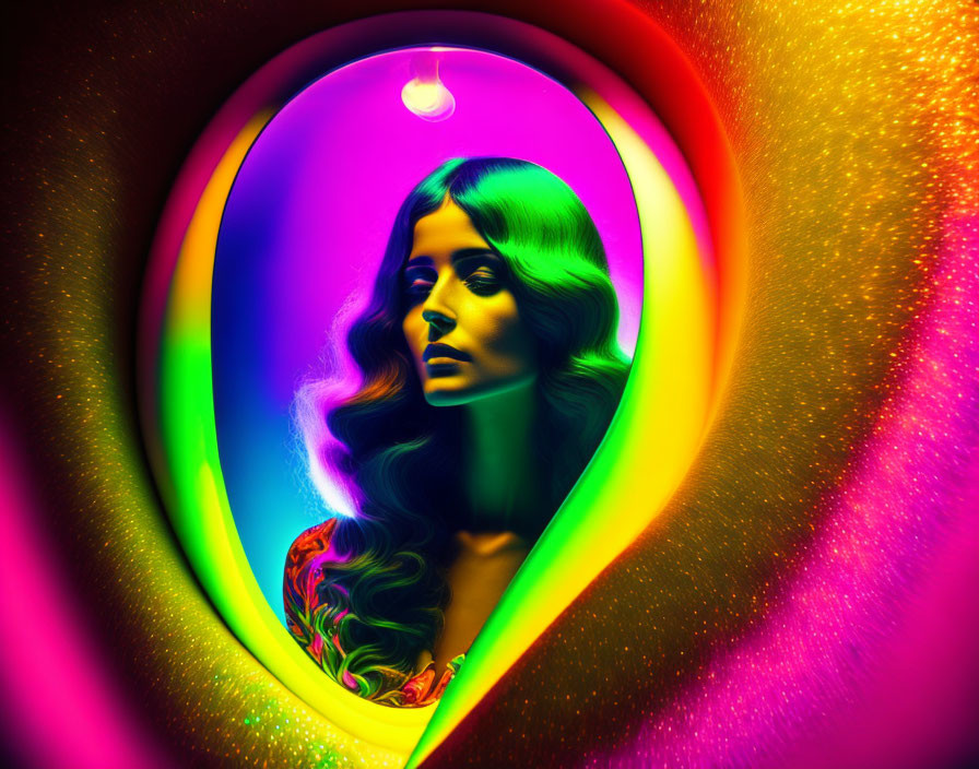 Colorful Lighting Surrounds Woman in Neon Tunnel with Glowing Orb