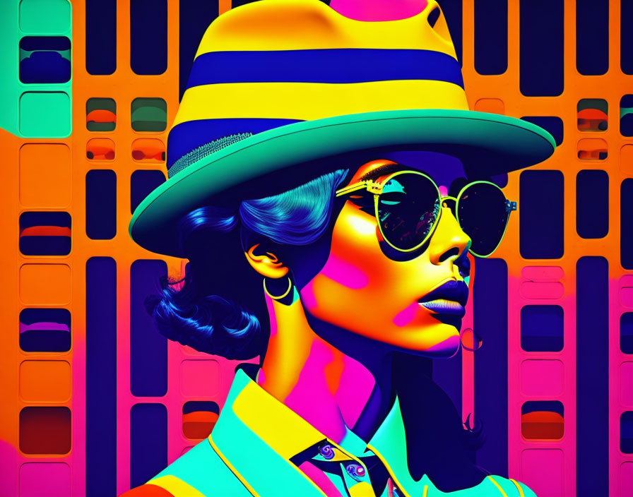 Colorful Pop Art-Style Woman with Striped Hat and Sunglasses