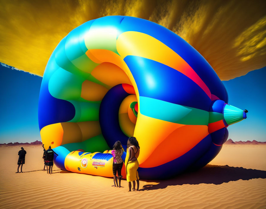 Vivid hot air balloon inflating on sandy desert floor