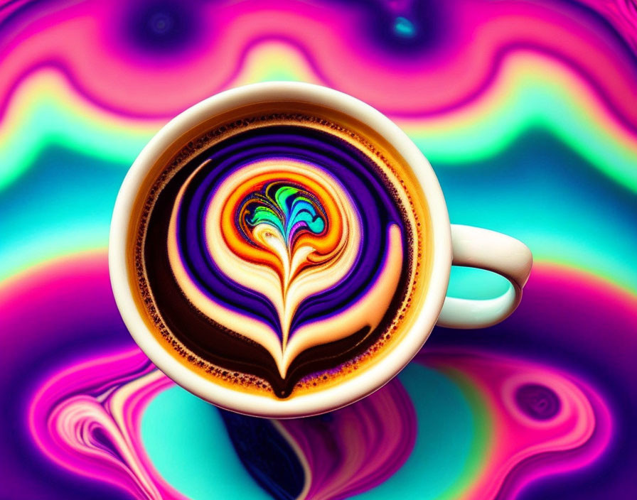 Colorful Psychedelic Heart Latte Art on Vibrant Background