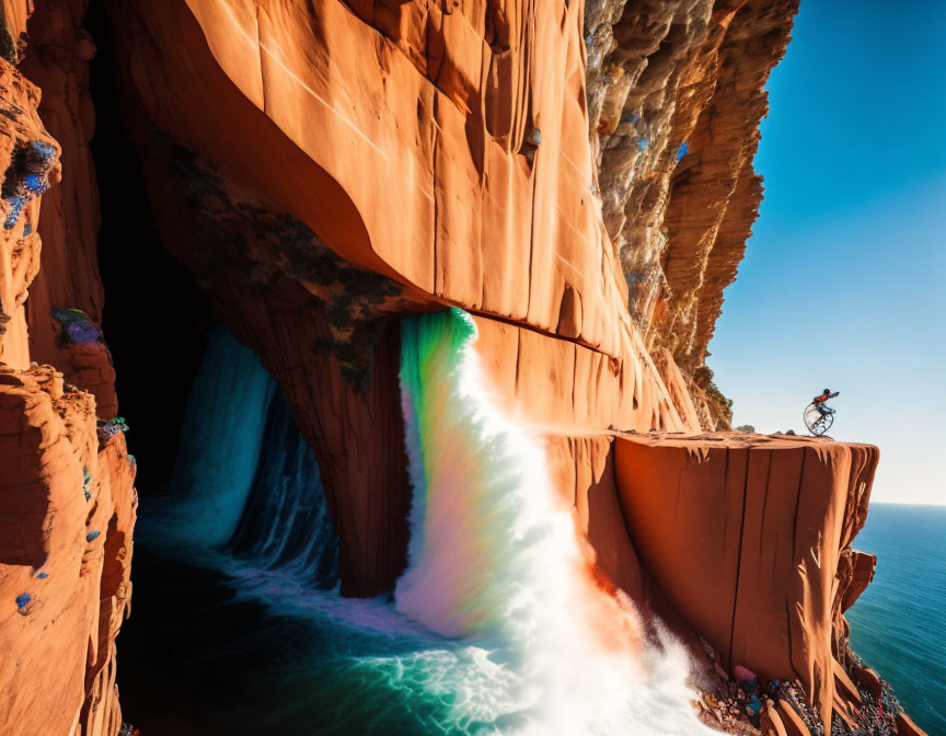 Cyclist on Cliff Edge with Colorful Waterfall and Blue Sky