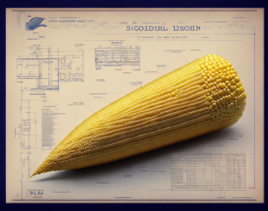 Corn Ear on Blue Architectural Blueprint Plans: Organic vs. Technical Design Contrast