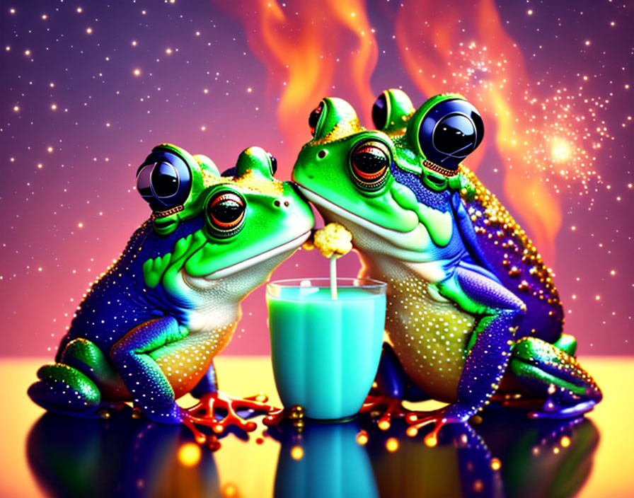 Colorful stylized frogs sharing milkshake against starry background