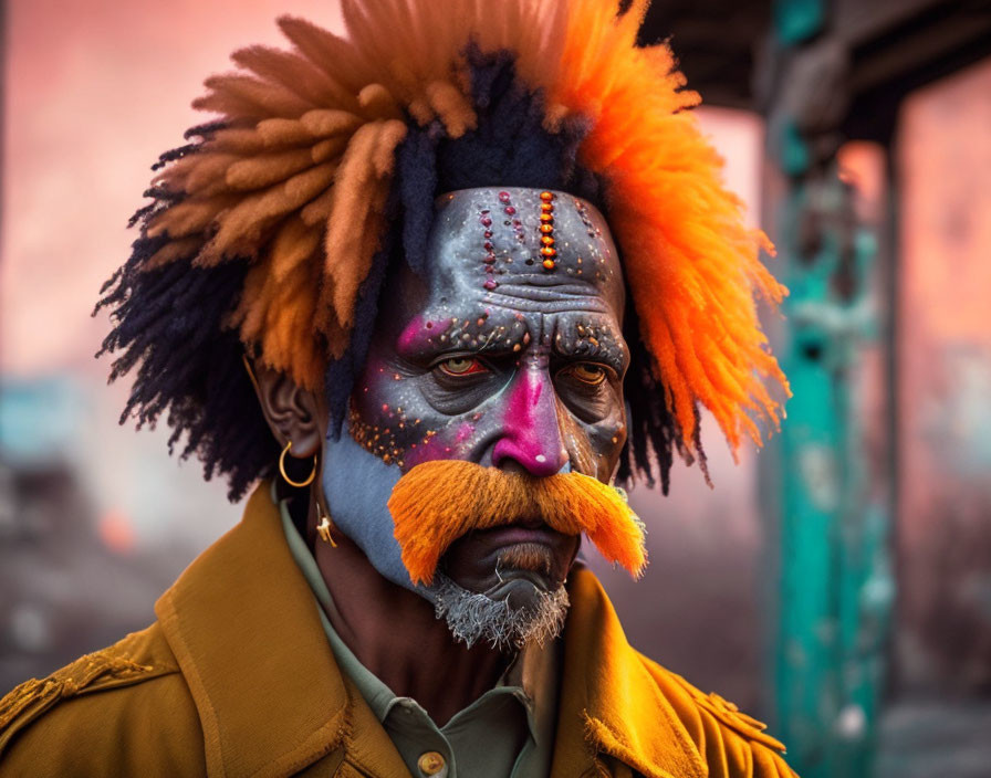 Colorful Face Paint and Feathered Headgear with Orange Mustache on Blurred Background