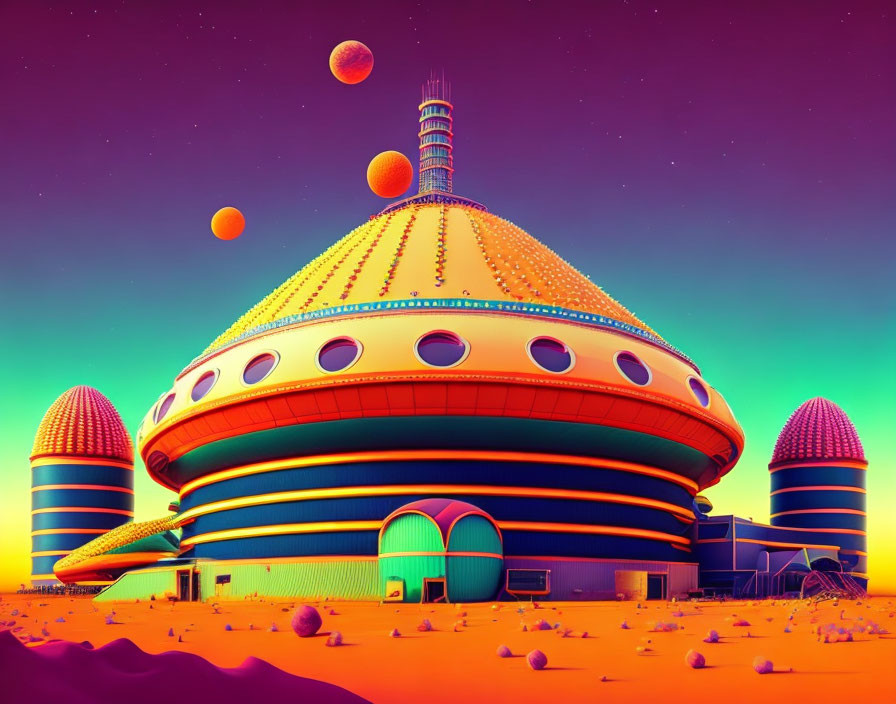 Surreal illustration of futuristic domed building under purple sky