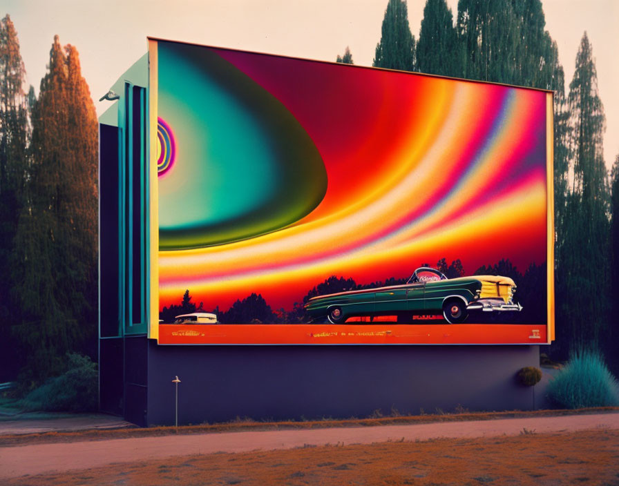 Retro cars on vibrant, psychedelic billboard with natural backdrop