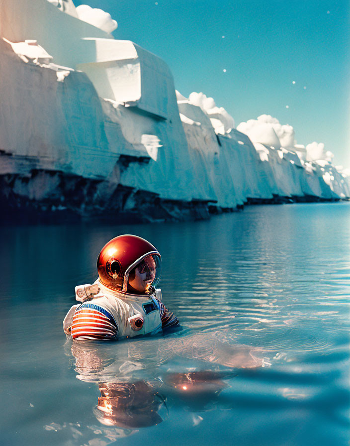 Astronaut in Gold Visor Floating in Blue Water with Icebergs