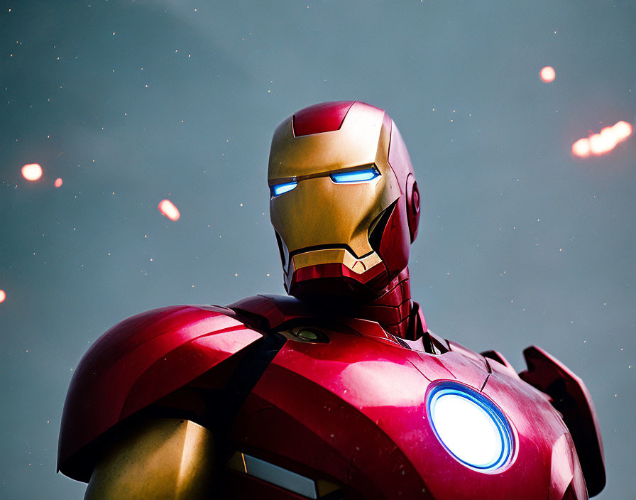 Detailed Close-Up of Illuminated Iron Man Helmet and Torso at Night