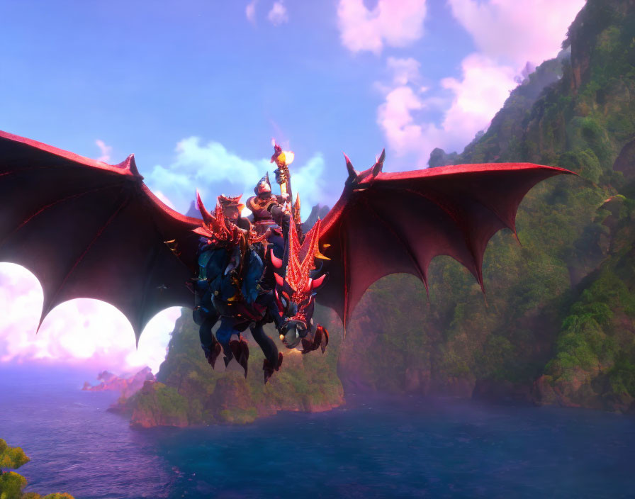 Armored character riding red and black dragon over serene island at sunset