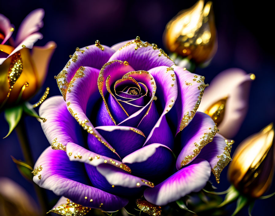 Purple and Gold Glitter Rose on Blurred Background with Gold Leaves