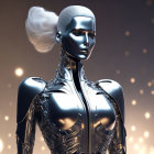 Sleek silver futuristic female robot with updo hairstyle