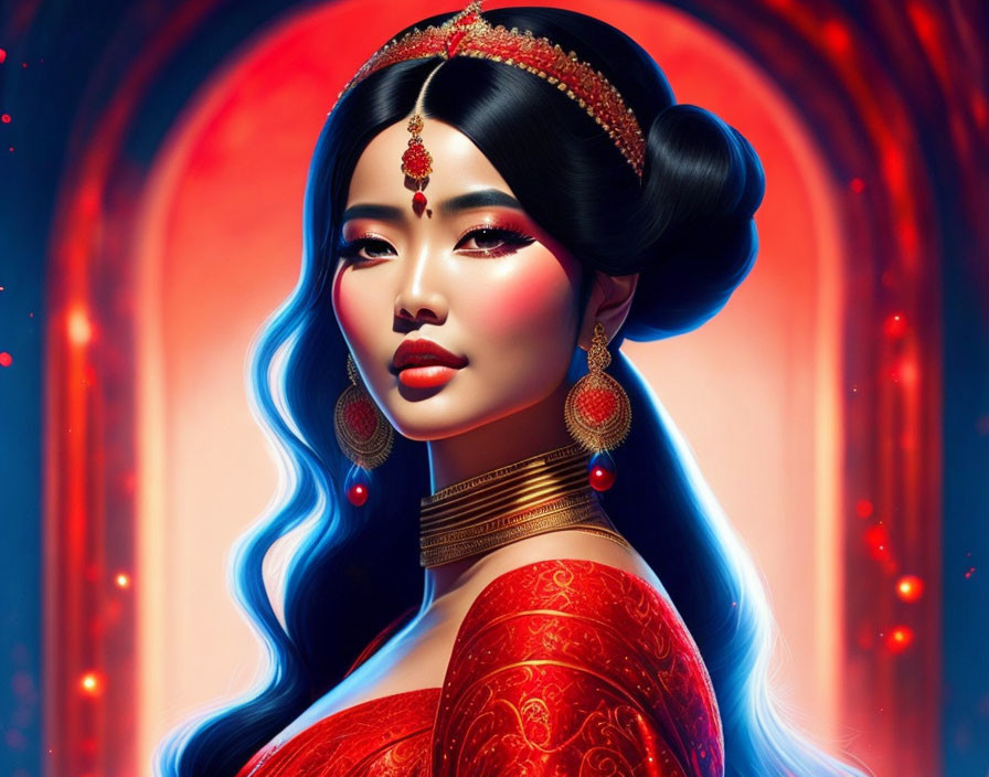 Traditional attire woman illustration with vibrant red and blue backdrop