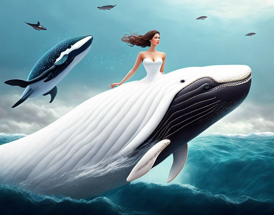 Surreal illustration of woman on whale in stormy sea