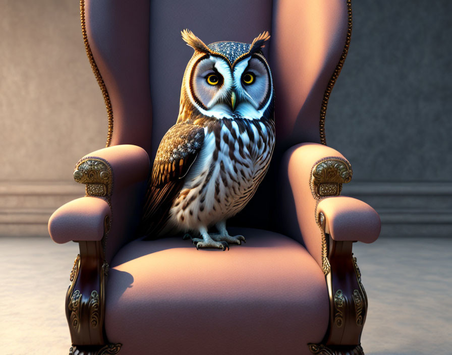 Majestic owl with striking feathers on luxurious armchair